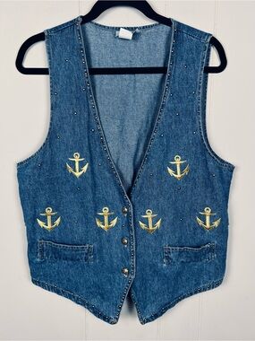 Vintage Denim Vest with Gold Studs and Gold Anchor Appliqué Size Small